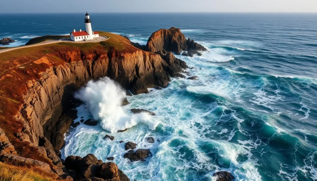 Generate an image of Point Sur Lighthouse on a volcanic rock with the ocean waves below.