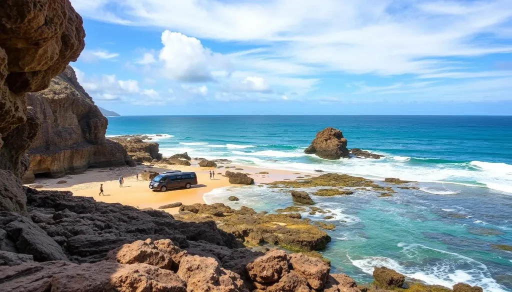 Generate an image of Polihua Beach with its rugged shoreline and scenic views.