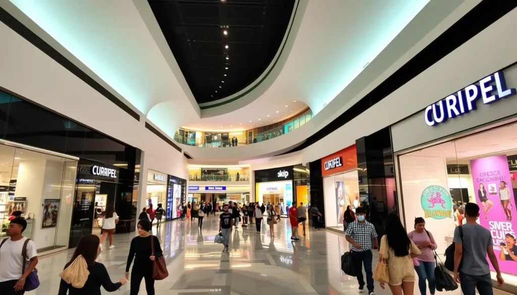 Generate an image of Port Harcourt Mall's modern interior with shoppers browsing through international and local brands.