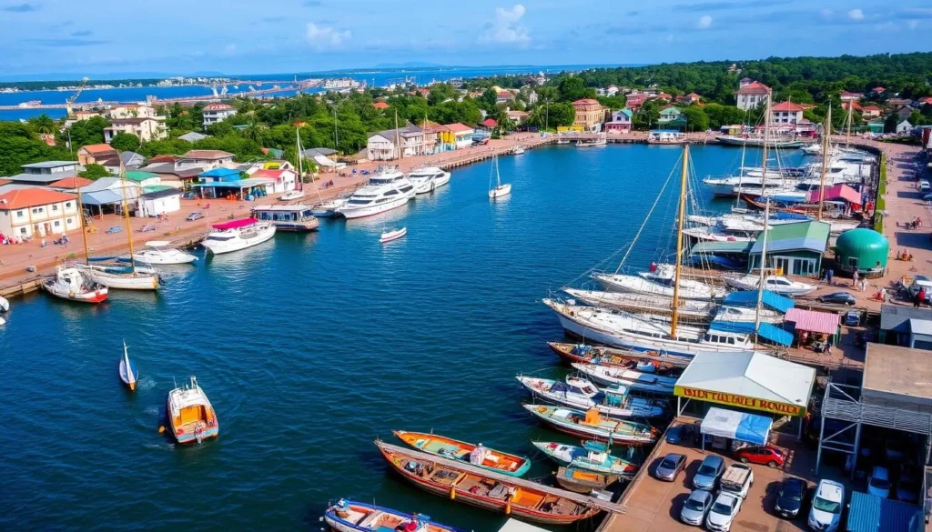 Generate an image of Port Mole in Libreville, showcasing its vibrant waterfront atmosphere.