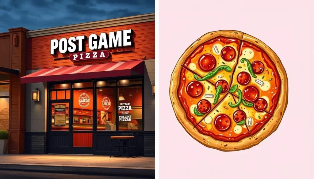 Generate an image of Post Game Pizza's exterior or a specialty pizza.