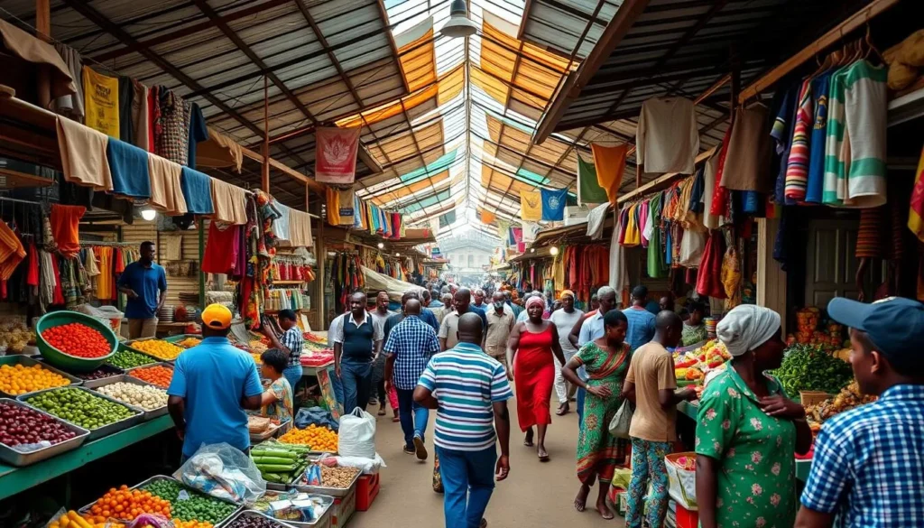 Generate an image of Poto Poto Market in Brazzaville, showcasing its vibrant colors and bustling atmosphere.