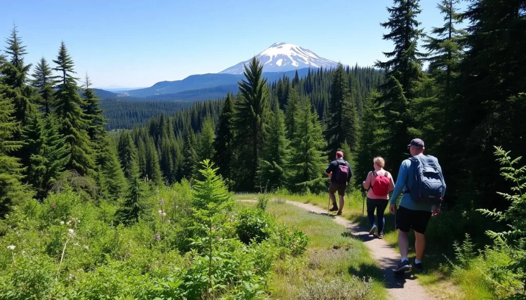 Generate an image of Powell Butte Nature Park with hikers on trails surrounded by greenery and views of Mount Hood.
