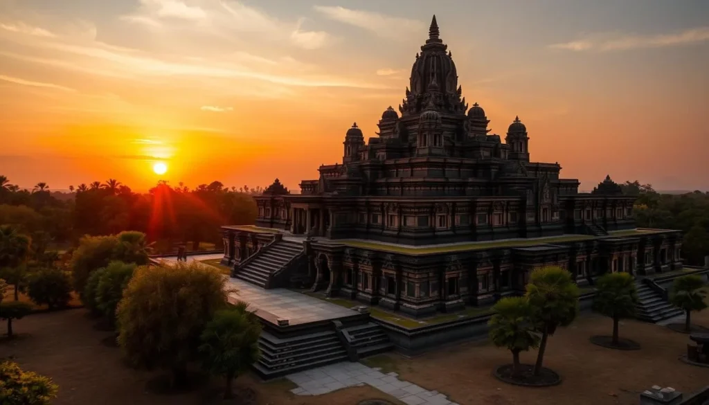 Generate an image of Prasat Thom's pyramid temple at sunrise.
