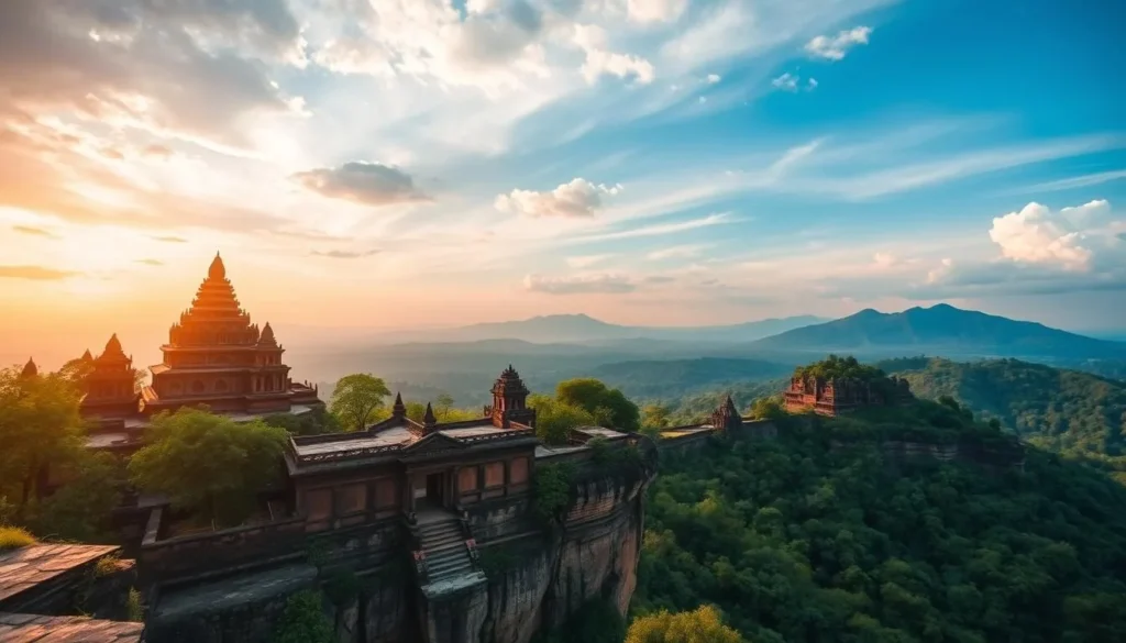 Generate an image of Preah Vihear Temple perched on a cliff edge in the Dângrêk Mountains.