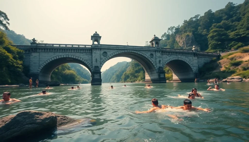 Generate an image of Puente de Dios with the Tamasopo River flowing underneath and people swimming in the background.