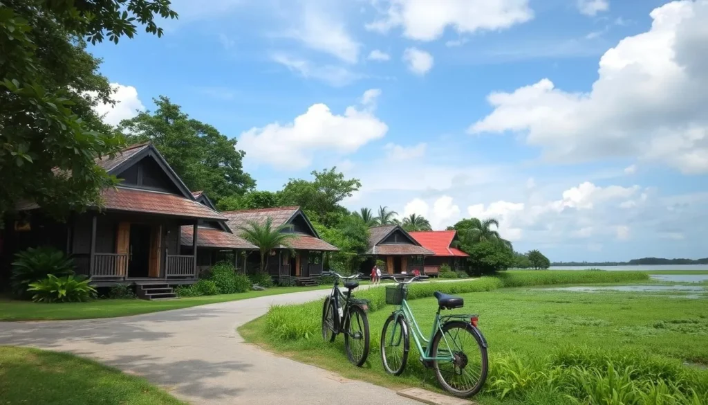 Generate an image of Pulau Ubin's rustic landscape with traditional kampong houses and bicycles.