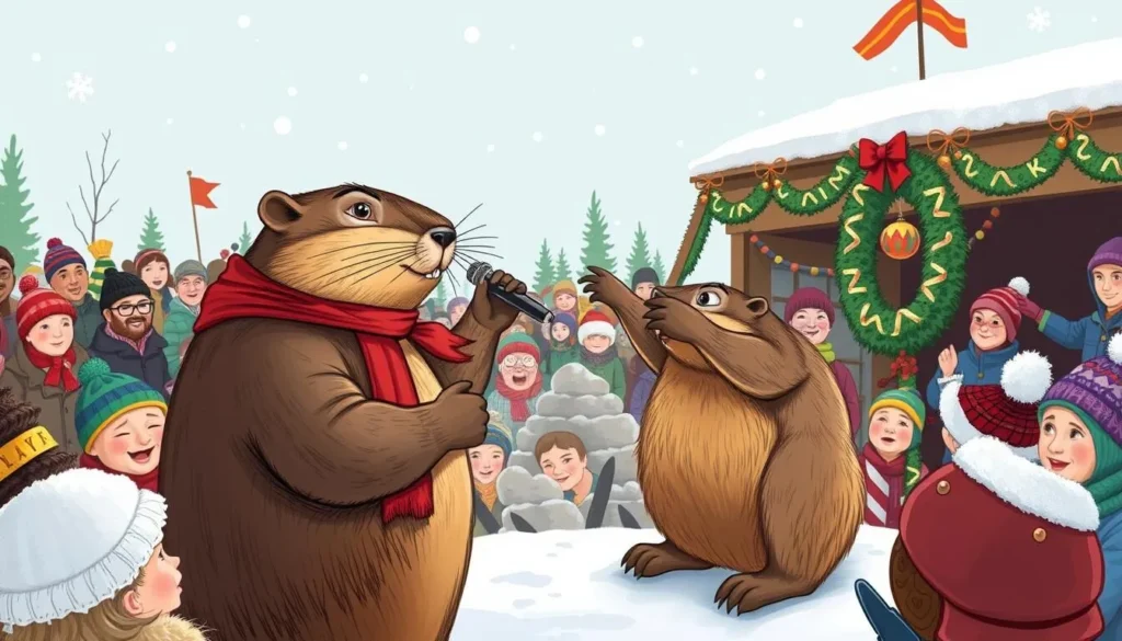 Generate an image of Punxsutawney Phil making his annual prognostication at Gobbler's Knob