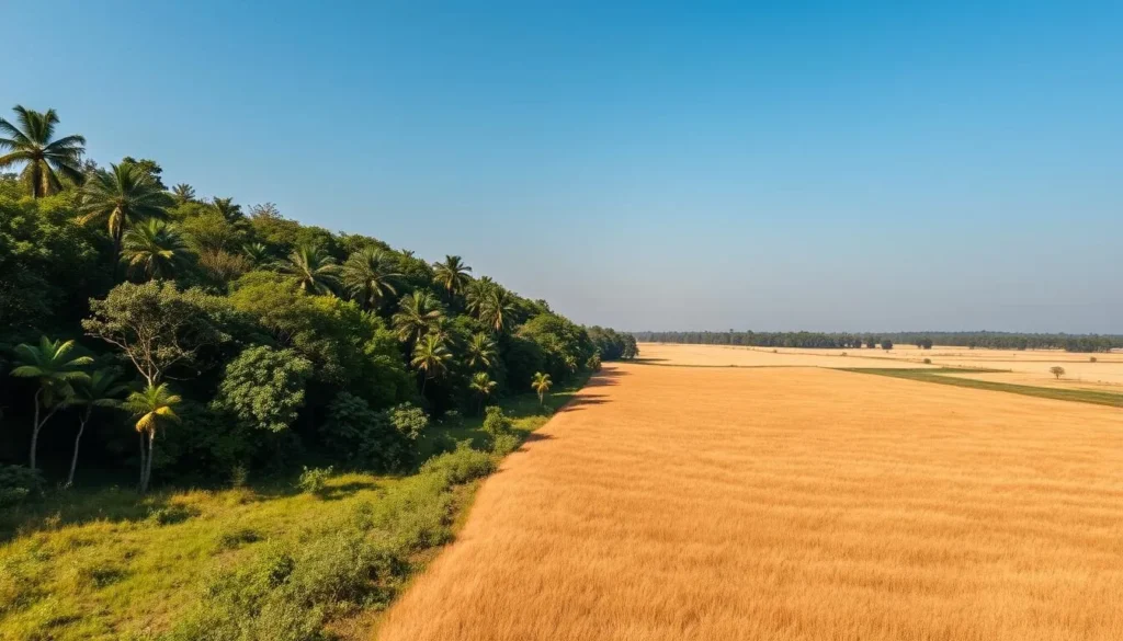 Generate an image of Putney Dwip, highlighting its contrasting landscapes with dense forests on one side and expansive grasslands on the other.
