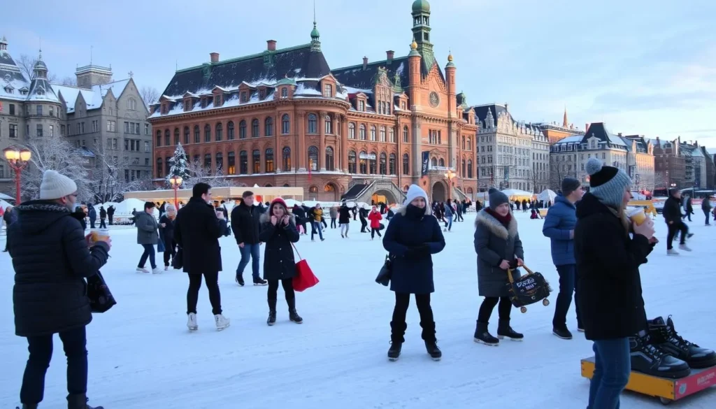 Generate an image of Quebec City during winter with snow-covered landscapes and people enjoying seasonal activities.