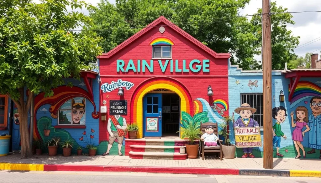 Generate an image of Rainbow Village with its colorful murals and characters.