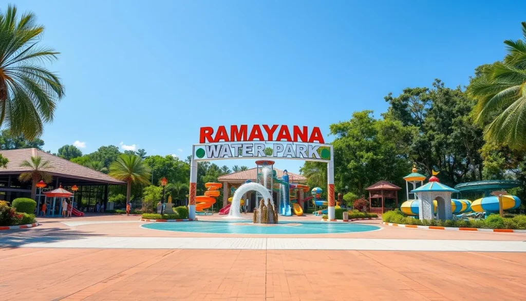 Generate an image of Ramayana Water Park's main entrance, showcasing its expansive grounds and various water attractions.