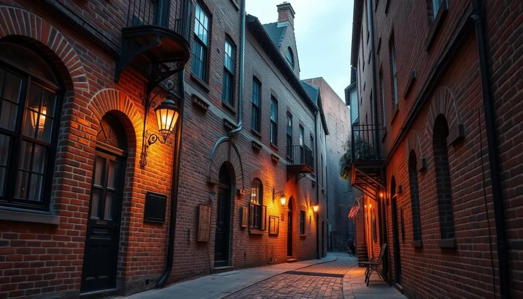 Generate an image of Reeder's Alley, a narrow cobblestone street lined with historic brick buildings.