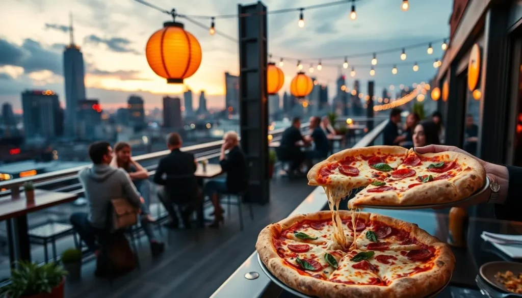 Generate an image of Rhombus Guys' rooftop patio with a pizza being served.