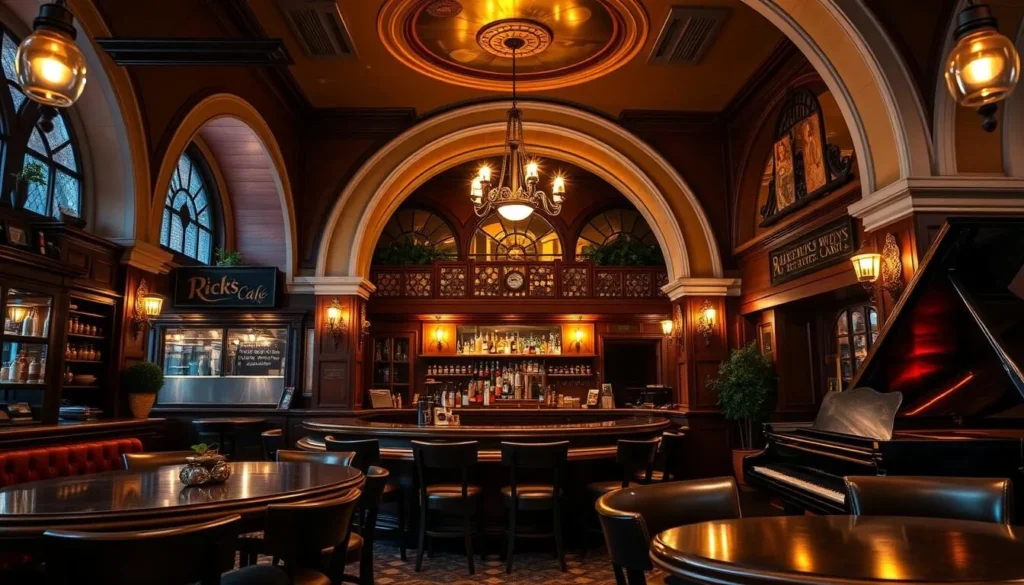 Generate an image of Rick's Café interior with a piano bar and curved arches.