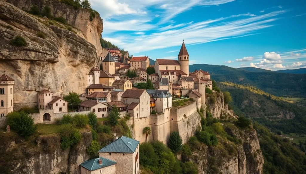 Generate an image of Rocamadour village perched on a limestone cliff.