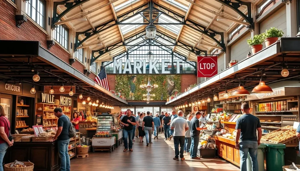 Generate an image of Rockwood Market Hall with diverse small businesses and specialty food vendors.