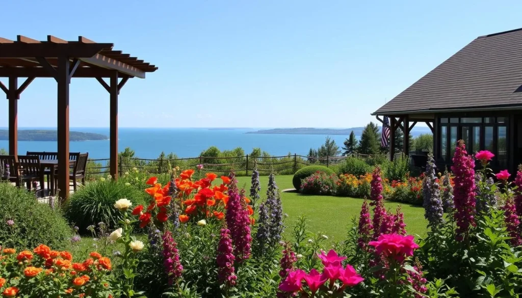 Generate an image of Rocky Point Winery with a beautiful garden and Lake Erie views