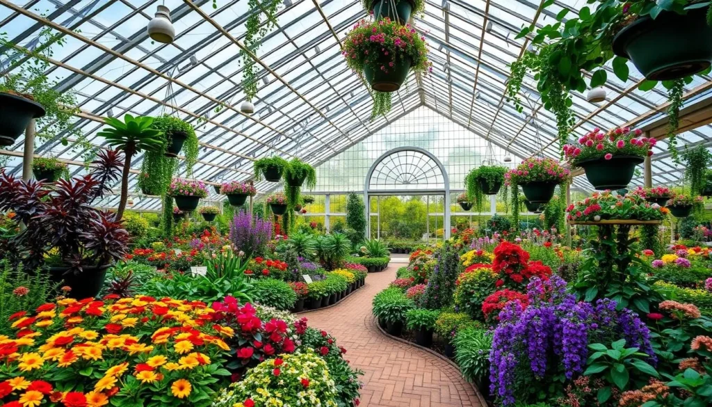 Generate an image of Rombergpark Botanical Garden's lush greenhouses and vibrant floral displays.