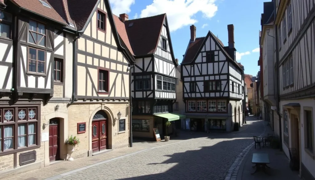 Generate an image of Rouen's medieval city center with cobblestone streets and half-timbered houses.