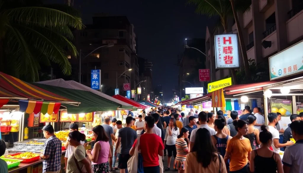 Generate an image of Roxas Avenue Night Market at night, with vibrant stalls and people enjoying street food.