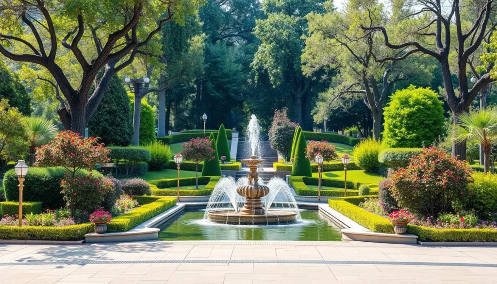 Generate an image of Rudaki Park with its lush gardens and fountains.