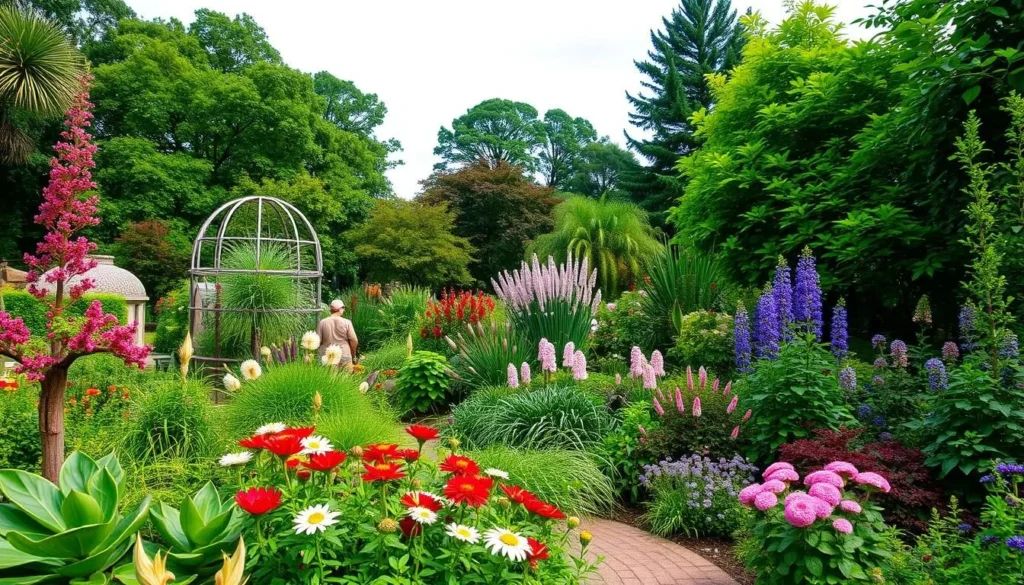 Generate an image of Rutgers Gardens with diverse plant species and a serene atmosphere.