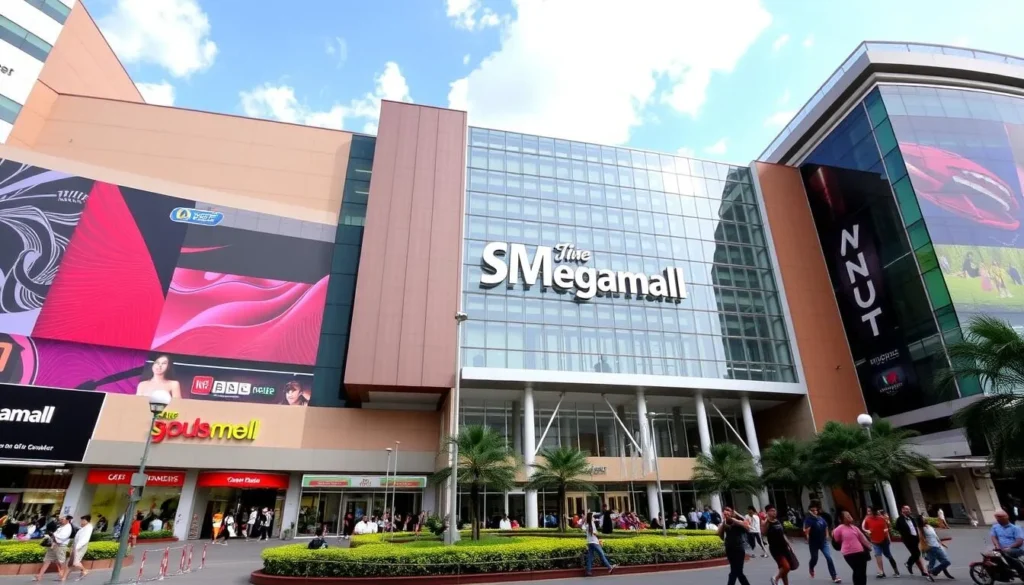 Generate an image of SM Megamall's exterior, highlighting its grand structure and surrounding area.