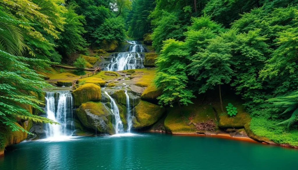 Generate an image of Sabbaday Falls, a picturesque waterfall surrounded by lush greenery.