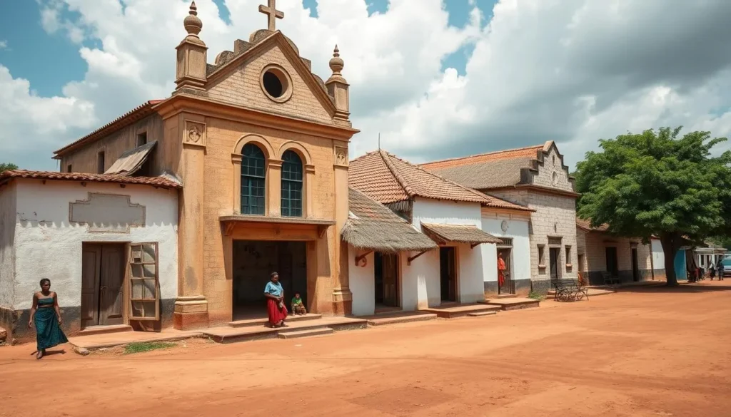 Generate an image of Sakassou, a historic town near Bouaké, Ivory Coast, showcasing its cultural richness and traditional architecture.