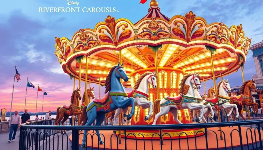 Generate an image of Salem's Riverfront Carousel, featuring its hand-carved horses.