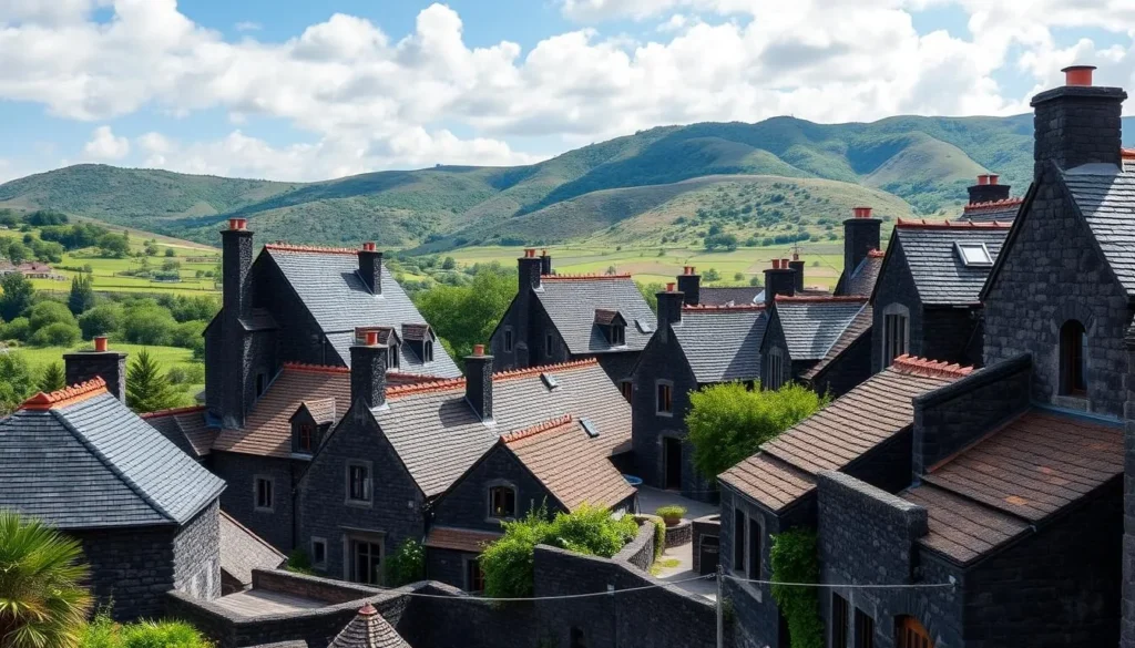 Generate an image of Salers village with its distinctive dark volcanic stone buildings and turreted roofs.