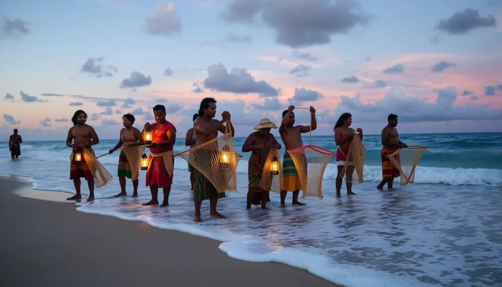 Generate an image of Samoan locals gathering on the beach at dawn, holding lanterns and nets to collect palolo worms from the water.