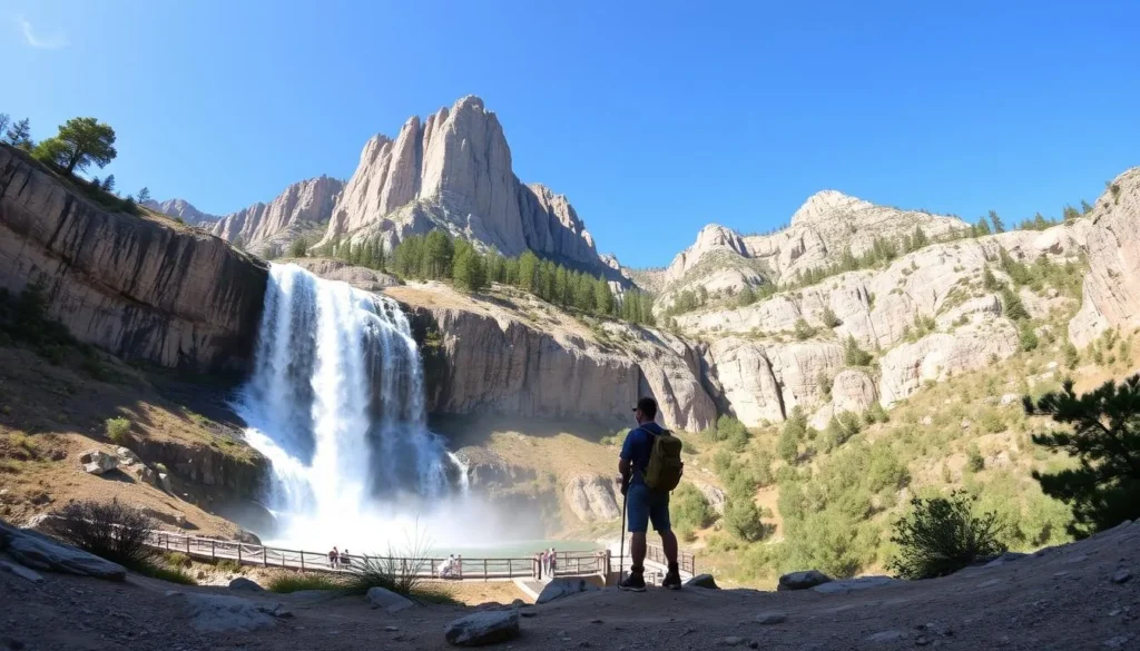 Generate an image of San Antonio Falls on Mount Baldy, with a hiker in the foreground.
