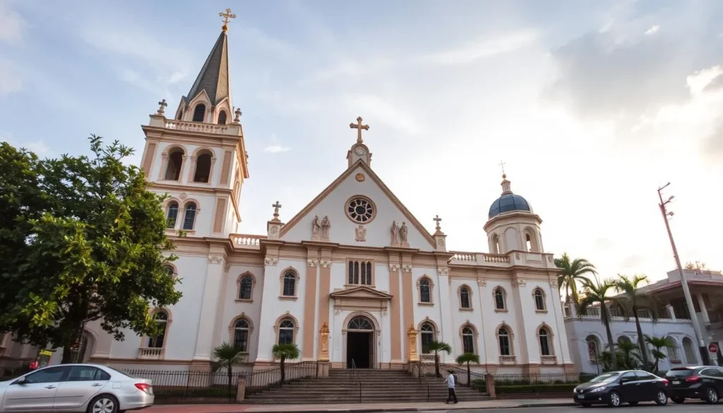 Generate an image of San Roque Parish Church, a charming and historic church in Mandaluyong, Philippines.