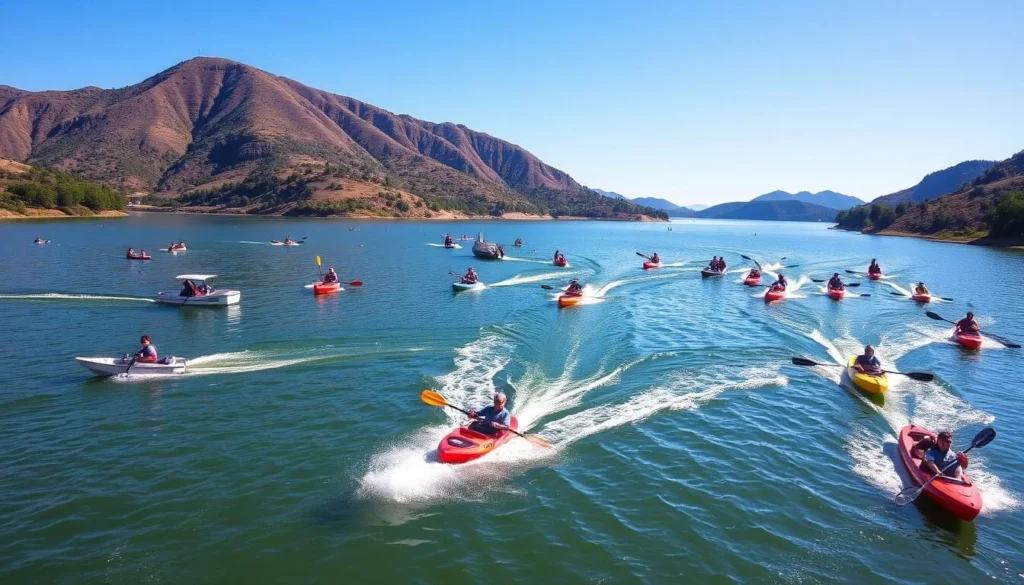 Generate an image of San Vicente Reservoir with various water recreation activities such as boating, water skiing, and kayaking.