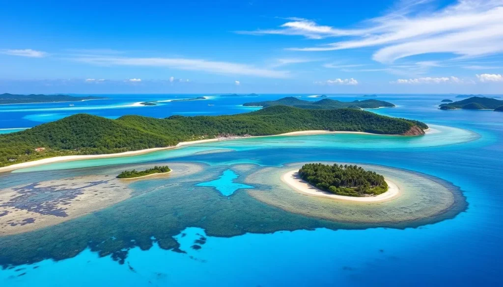 Generate an image of Sarangani Bay, highlighting its beautiful beaches and islands.