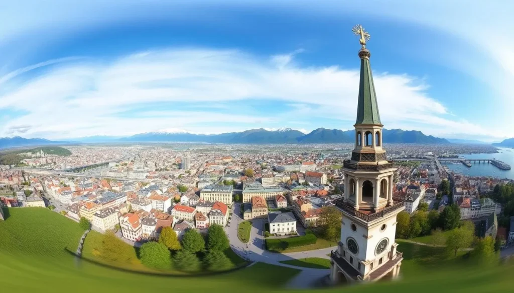 Generate an image of Sauvabelin Tower with a 360-degree panoramic view of Lausanne and the Alps.