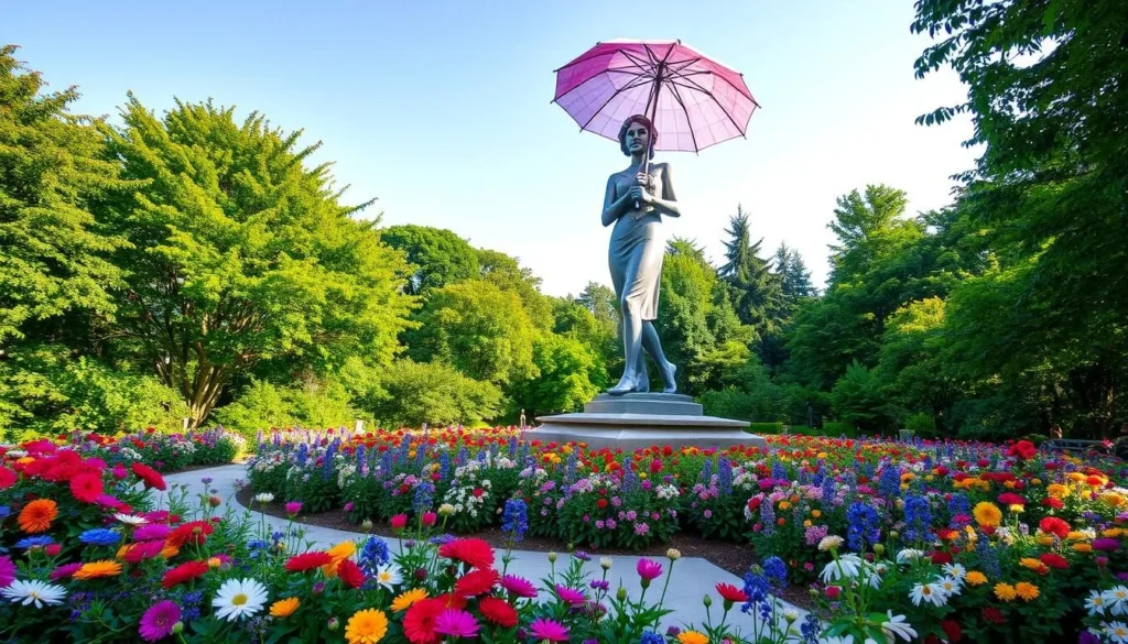 Generate an image of Schiller Park with its iconic Umbrella Girl statue and lush green spaces.