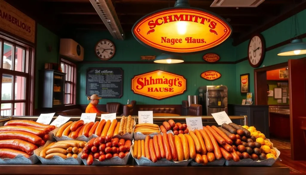 Generate an image of Schmidt's Sausage Haus interior, highlighting their sausages and traditional decor.