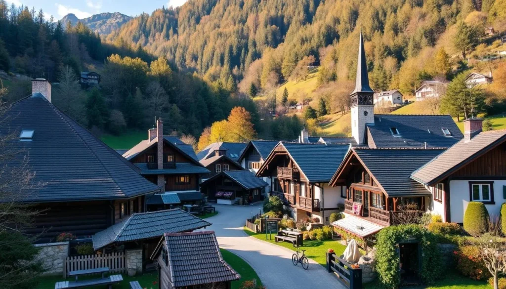 Generate an image of Schwellbrunn village with its traditional wooden houses and picturesque landscape.