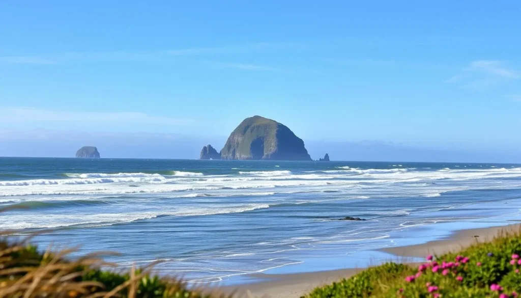 Generate an image of Seaside Beach with Tillamook Head in the background