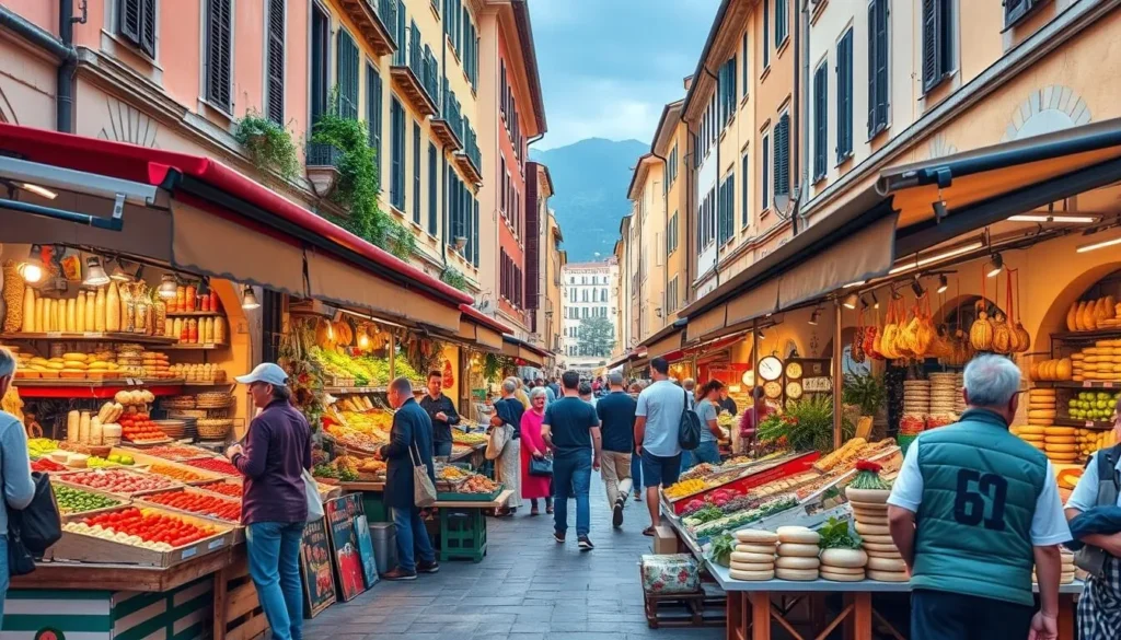 Generate an image of Seregno's weekly street market with colorful stalls selling fresh produce, cheeses, and local handicrafts.