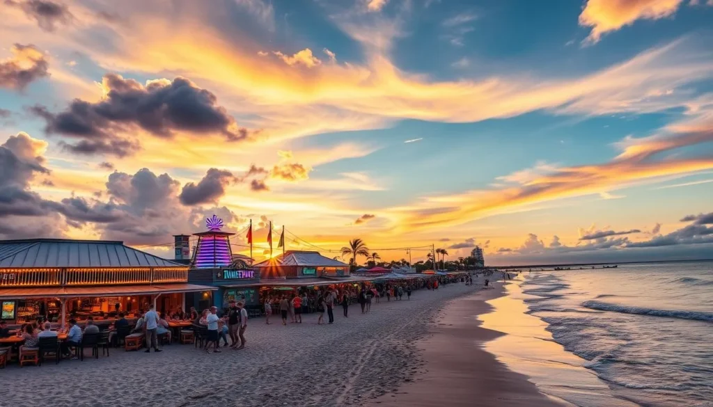 Generate an image of Serendipity Beach at sunset, with a lively atmosphere and people enjoying the beachfront bars and restaurants.