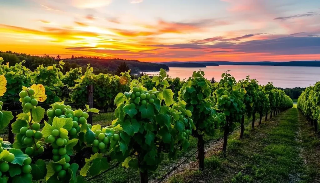 Generate an image of Seven Springs Winery's vineyard with a backdrop of the Lake of the Ozarks.