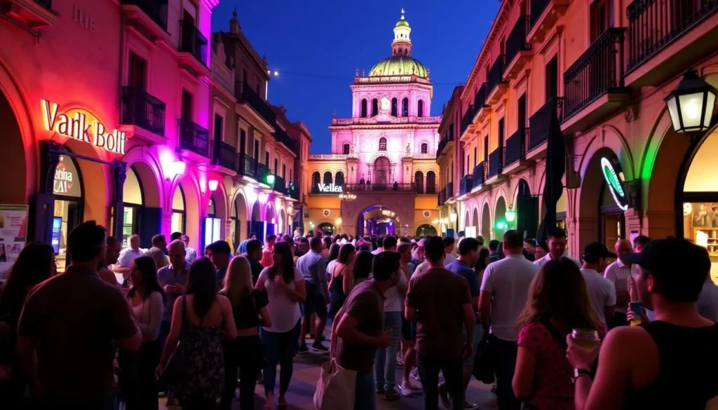 Generate an image of Seville Quarter at night with people enjoying music and drinks.
