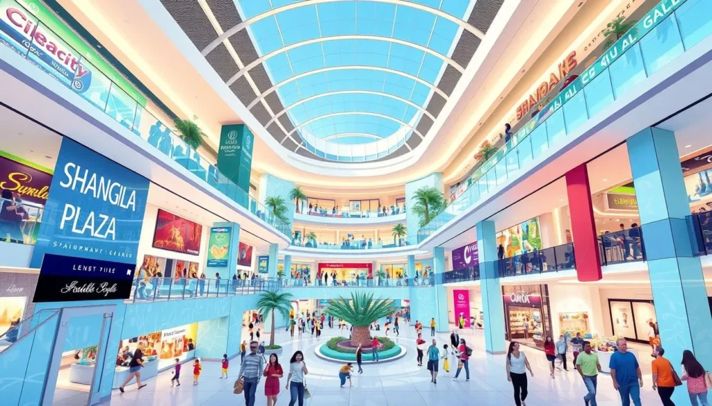 Generate an image of Shangri-La Plaza Mall's interior, showcasing its modern architecture and bustling atmosphere.