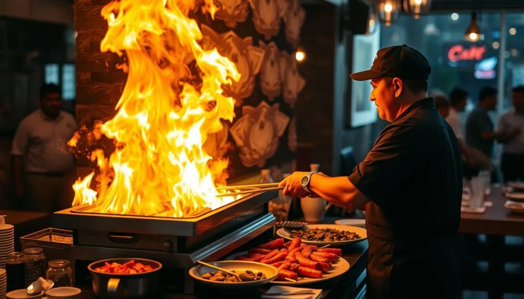 Generate an image of Shatoburian's tableside grill in action.