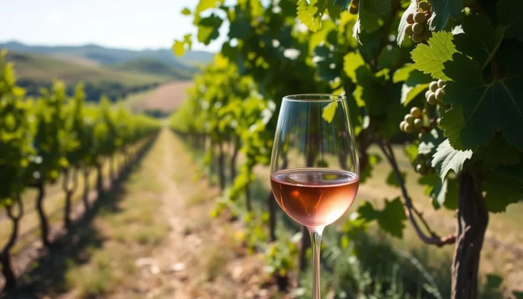 Generate an image of Shawnee Bluff Winery's vineyard with a glass of Catawba Bluff Blush.