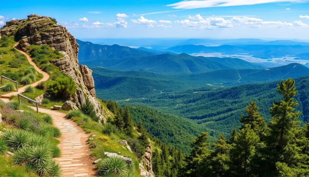 Generate an image of Shere Hills, showcasing its panoramic views and hiking trails.